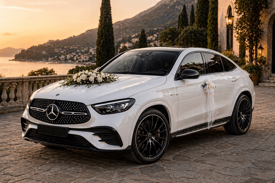 Witte wagen versierd met bloemen en huwelijkslinten
