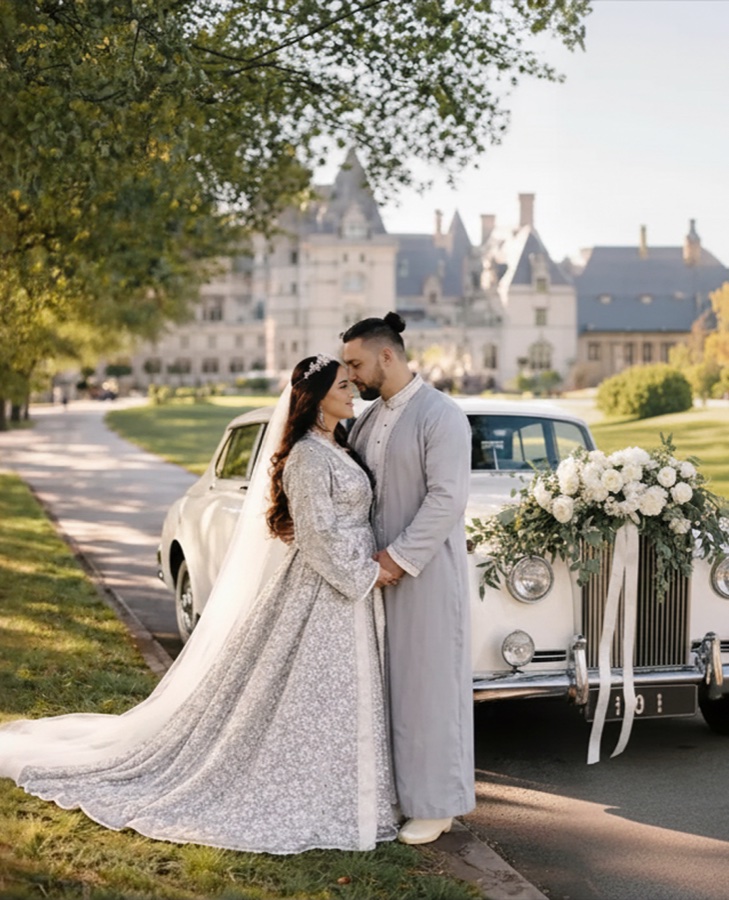 Klassieke stoet — vintage Rolls-Royce voor een kasteel