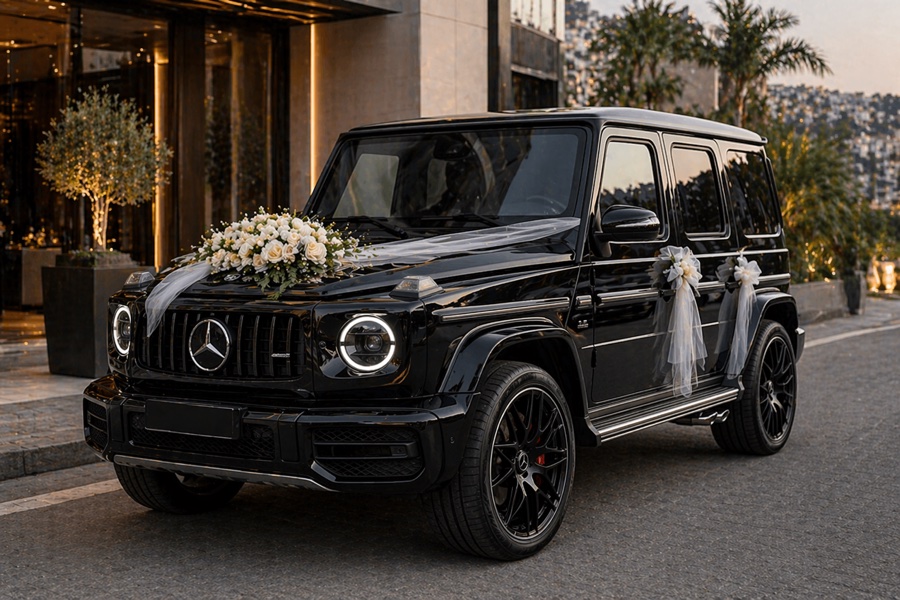 Zwarte SUV versierd voor een opvallend huwelijksvertrek
